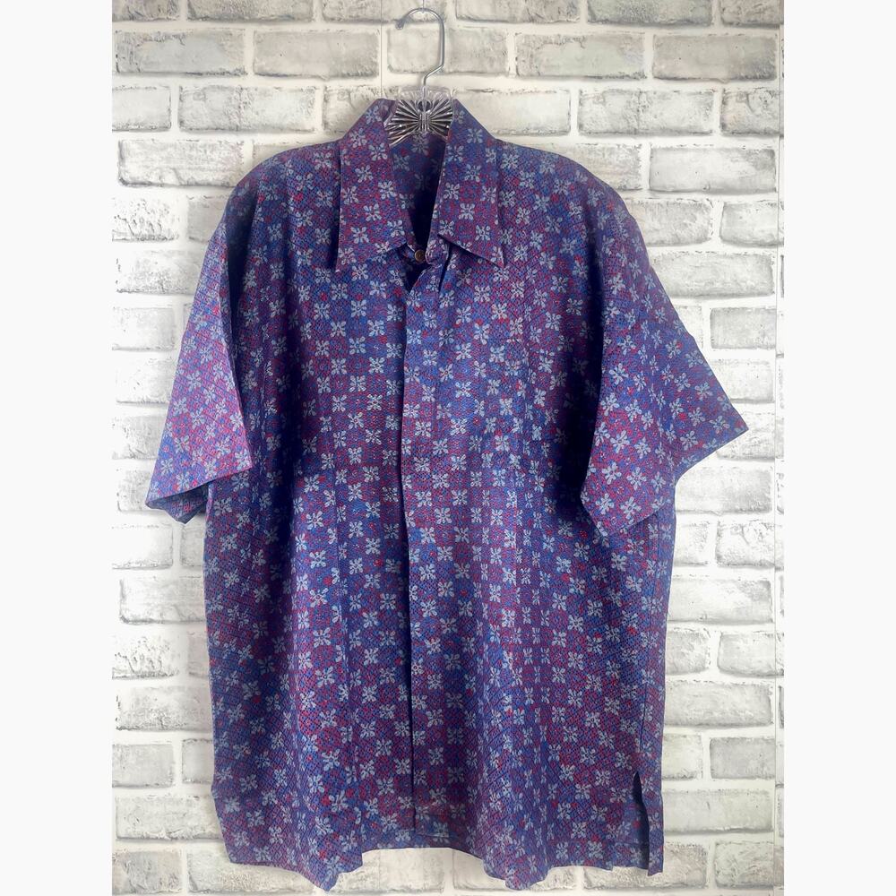 ALLURE Batik Shirt Men XXL Cotton Short Sleeve Geometric Floral Red White Blue